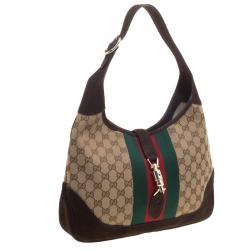 Pre Owned حقيبة غوتشي ويب جاكي ويب سويدي وكانفاس GG بنية