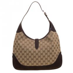 Pre Owned حقيبة غوتشي ويب جاكي ويب سويدي وكانفاس GG بنية