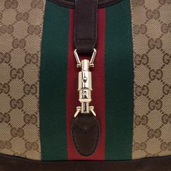 Pre Owned حقيبة غوتشي ويب جاكي ويب سويدي وكانفاس GG بنية