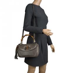 Pre Owned Gucci Pale Green Leather Tassel New Bamboo Top Handle Bag