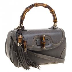 Pre Owned Gucci Pale Green Leather Tassel New Bamboo Top Handle Bag