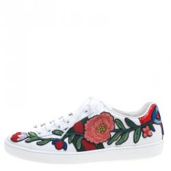 Pre Owned حذاء رياضي غوتشي أعلى منخفض أيس جلد مزخرف زهور أبيض مقاس 35.5