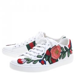 Pre Owned حذاء رياضي غوتشي أعلى منخفض أيس جلد مزخرف زهور أبيض مقاس 35.5