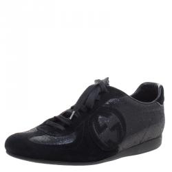 Pre Owned Gucci Black Suede and Lamè  Royal Sport Interlocking GG Sneakers Size 38