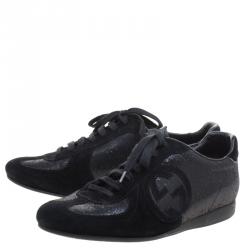 Pre Owned Gucci Black Suede and Lamè  Royal Sport Interlocking GG Sneakers Size 38