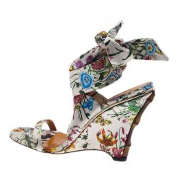 Pre Owned Gucci Flora Satin Ankle Strap Wedge Sandals Size 38