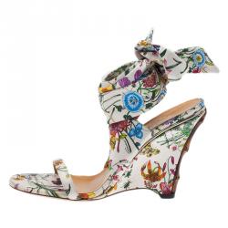 Pre Owned Gucci Flora Satin Ankle Strap Wedge Sandals Size 38