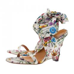 Pre Owned Gucci Flora Satin Ankle Strap Wedge Sandals Size 38