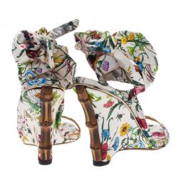 Pre Owned Gucci Flora Satin Ankle Strap Wedge Sandals Size 38