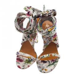 Pre Owned Gucci Flora Satin Ankle Strap Wedge Sandals Size 38
