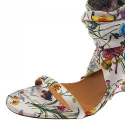 Pre Owned Gucci Flora Satin Ankle Strap Wedge Sandals Size 38