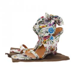 Pre Owned Gucci Flora Satin Ankle Strap Wedge Sandals Size 38