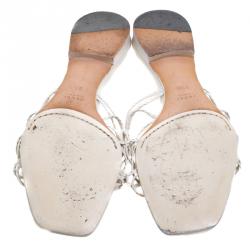 مملوكة مسبقًا صندل فلات غوتشي جلد أبيض مغزول بسيور مقاس 39.5