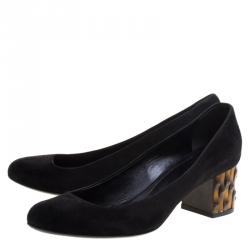 Pre Owned Gucci Black Suede Dahlia Bamboo Heel Pumps Size 37