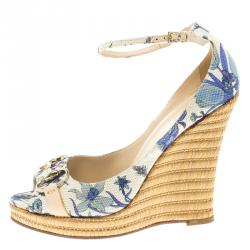 Pre Owned صندل غوتشي كانفاس أزرق مورد مطبوع هورسبيت بحزام للكاحل كعب روكي مقاس 36