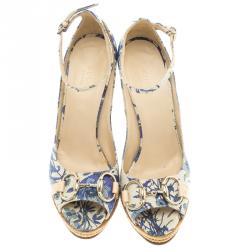 Pre Owned صندل غوتشي كانفاس أزرق مورد مطبوع هورسبيت بحزام للكاحل كعب روكي مقاس 36