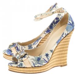 Pre Owned صندل غوتشي كانفاس أزرق مورد مطبوع هورسبيت بحزام للكاحل كعب روكي مقاس 36