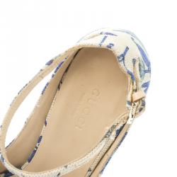 Pre Owned صندل غوتشي كانفاس أزرق مورد مطبوع هورسبيت بحزام للكاحل كعب روكي مقاس 36