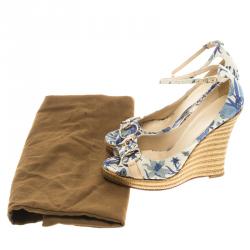 Pre Owned صندل غوتشي كانفاس أزرق مورد مطبوع هورسبيت بحزام للكاحل كعب روكي مقاس 36