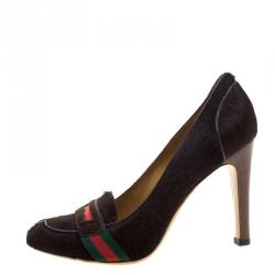 Pre Owned Gucci Brown Calf Hair Lifford Penny Loafer Pumps Size 37