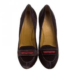 Pre Owned Gucci Brown Calf Hair Lifford Penny Loafer Pumps Size 37