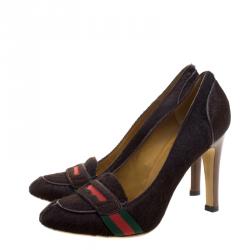 Pre Owned Gucci Brown Calf Hair Lifford Penny Loafer Pumps Size 37
