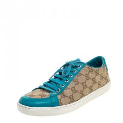 Pre Owned Gucci Beige Guccissima Canvas And Blue Leather Trim Brooklyn Lace Up Sneakers Size 38