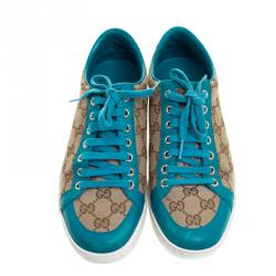 Pre Owned Gucci Beige Guccissima Canvas And Blue Leather Trim Brooklyn Lace Up Sneakers Size 38