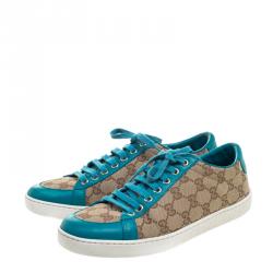 Pre Owned Gucci Beige Guccissima Canvas And Blue Leather Trim Brooklyn Lace Up Sneakers Size 38