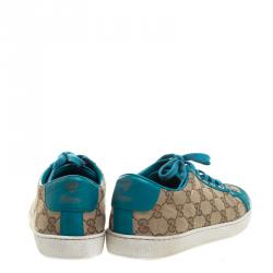 Pre Owned Gucci Beige Guccissima Canvas And Blue Leather Trim Brooklyn Lace Up Sneakers Size 38