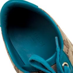 Pre Owned Gucci Beige Guccissima Canvas And Blue Leather Trim Brooklyn Lace Up Sneakers Size 38
