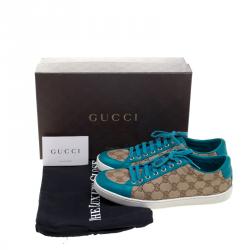 Pre Owned Gucci Beige Guccissima Canvas And Blue Leather Trim Brooklyn Lace Up Sneakers Size 38