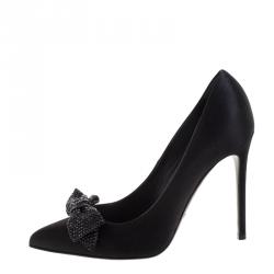 مملوكة مسبقًا Gucci Black Satin Crystal Embelliished Bow Pointed Toe Pumps Size 39
