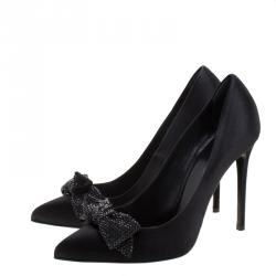 مملوكة مسبقًا Gucci Black Satin Crystal Embelliished Bow Pointed Toe Pumps Size 39