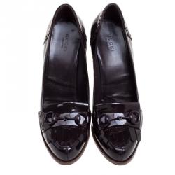 Pre Owned Gucci Bordeaux Patent Brogue Leather Horsebit Fringe Detail Loafer Pumps Size 38