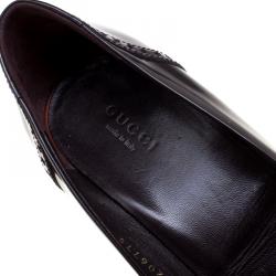 Pre Owned Gucci Bordeaux Patent Brogue Leather Horsebit Fringe Detail Loafer Pumps Size 38