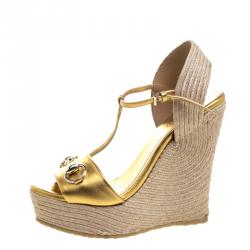 Pre Owned Gucci Gold Metallic Leather Horsebit T-Strap Espadrille Wedge Sandals Size 36