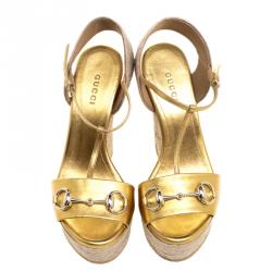 Pre Owned Gucci Gold Metallic Leather Horsebit T-Strap Espadrille Wedge Sandals Size 36