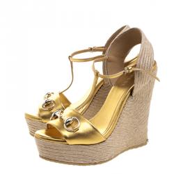 Pre Owned Gucci Gold Metallic Leather Horsebit T-Strap Espadrille Wedge Sandals Size 36