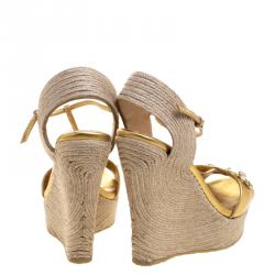 Pre Owned Gucci Gold Metallic Leather Horsebit T-Strap Espadrille Wedge Sandals Size 36