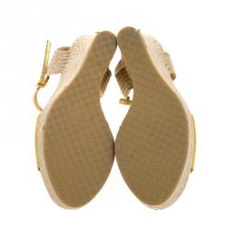 Pre Owned Gucci Gold Metallic Leather Horsebit T-Strap Espadrille Wedge Sandals Size 36