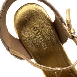 Pre Owned Gucci Gold Metallic Leather Horsebit T-Strap Espadrille Wedge Sandals Size 36
