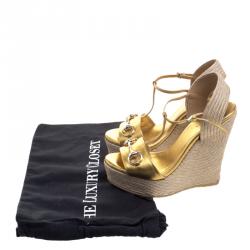 Pre Owned Gucci Gold Metallic Leather Horsebit T-Strap Espadrille Wedge Sandals Size 36