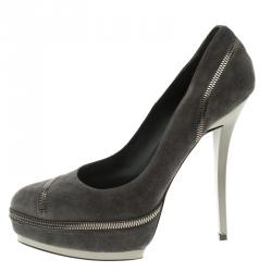 Pre Owned Gucci Grey Suede Zipper Detail Pixie Platform Pumps Size 40