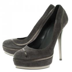 Pre Owned Gucci Grey Suede Zipper Detail Pixie Platform Pumps Size 40
