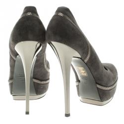 Pre Owned Gucci Grey Suede Zipper Detail Pixie Platform Pumps Size 40
