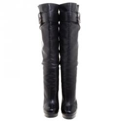 Pre Owned Gucci Black Leather Josephine Metal Horse Ring Buckle Knee Length Boots Size 39