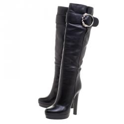 Pre Owned Gucci Black Leather Josephine Metal Horse Ring Buckle Knee Length Boots Size 39