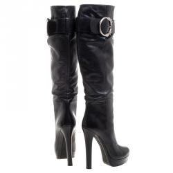 Pre Owned Gucci Black Leather Josephine Metal Horse Ring Buckle Knee Length Boots Size 39