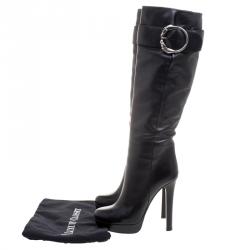 Pre Owned Gucci Black Leather Josephine Metal Horse Ring Buckle Knee Length Boots Size 39